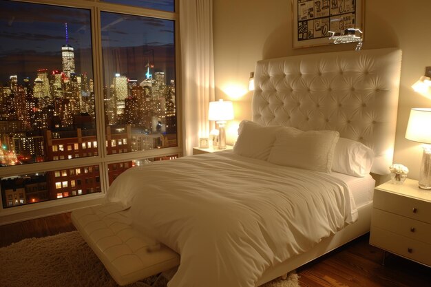 Photo a large bedroom with a view of the city the room is decorated with a black bed a white bedspread and