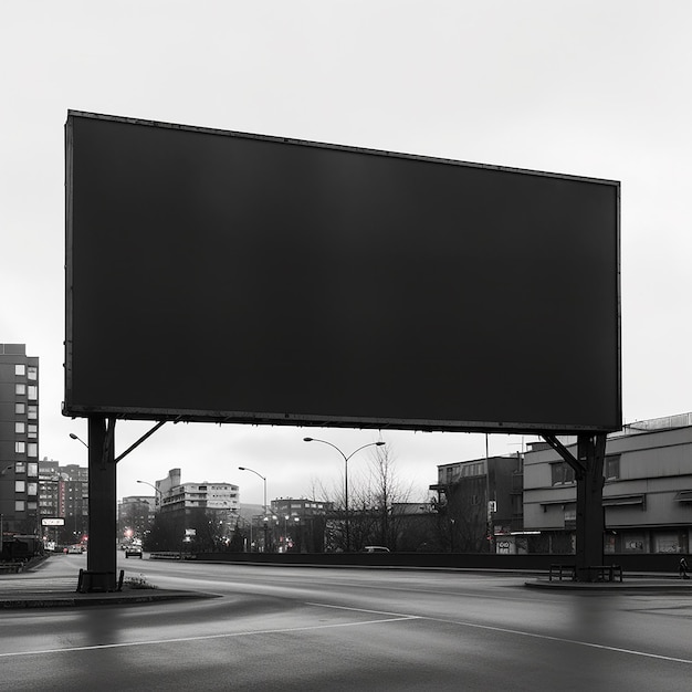 A large billboard in a city with a building in the background.