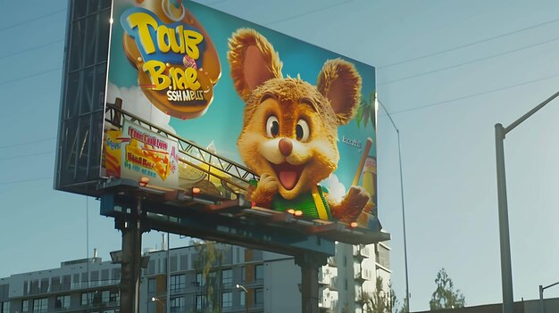 Photo a large billboard for a fictional amusement park called fun world is seen along a busy highway