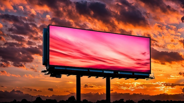 Photo a large billboard in front of a city skyline at sunset