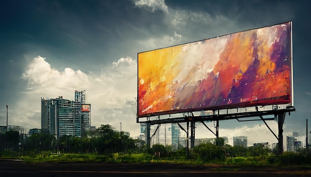 Large billboard or promotion poster displayed on the outdoor\
against the blue sky background promotion information for marketing\
announcements and details