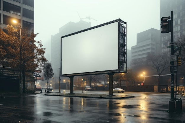 A large billboard on the side of a highway and buildings