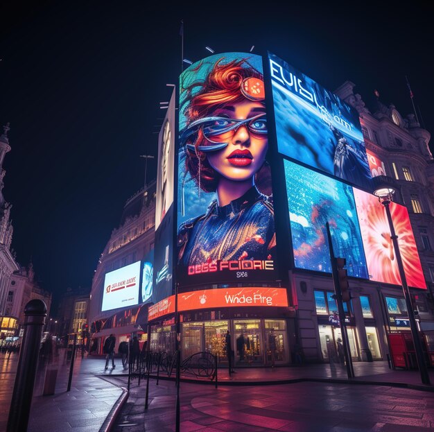 a large billboard for the tour bus station is lit up.