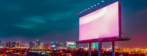 Photo a large billboard with a pink background is lit up at night