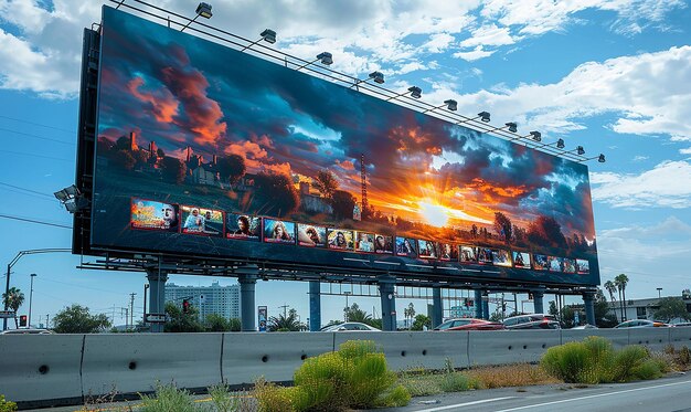 a large billboard with a sunset on it