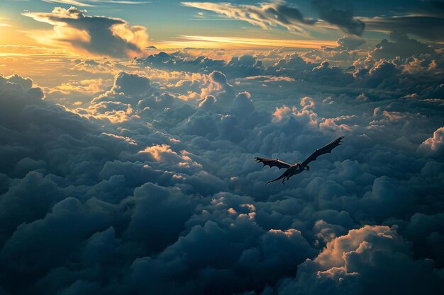 Foto un grande uccello che vola attraverso un cielo nuvoloso