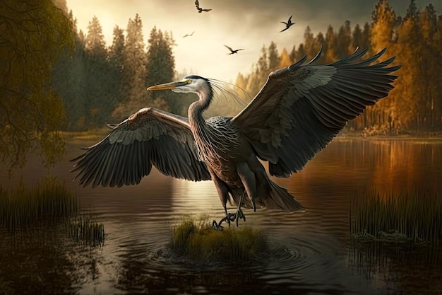 Large bird heron spreading its wings and flying over lake generative ai