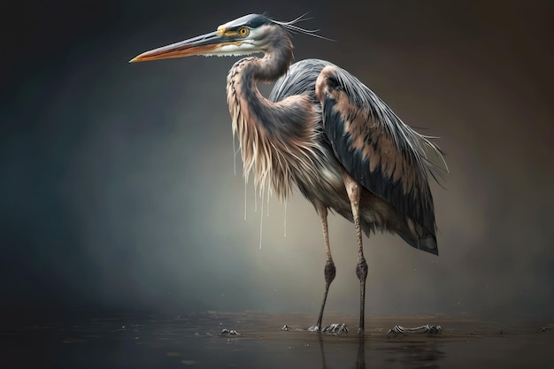 Large bird heron with strong legs standing on foot in water generative ai