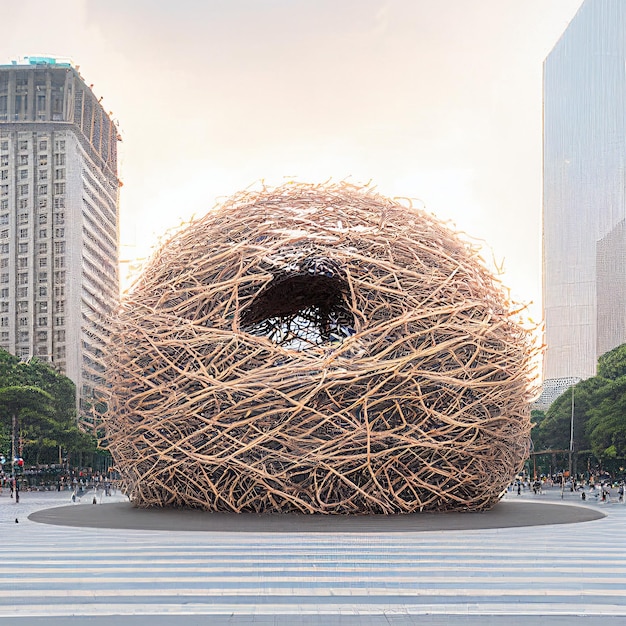 A large bird nest sculpture in a plaza with a building in the background.