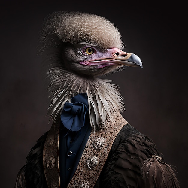A large bird with a black vest and a blue bow tie.