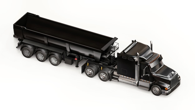 사진 흰색 바탕에 벌크 화물을 운송하기 위한 트레일러 유형 덤프 트럭이 있는 대형 검정 미국 트럭. 3d 그림입니다.