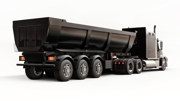 Large black american truck with a trailer type dump truck for\
transporting bulk cargo on a white background. 3d\
illustration.