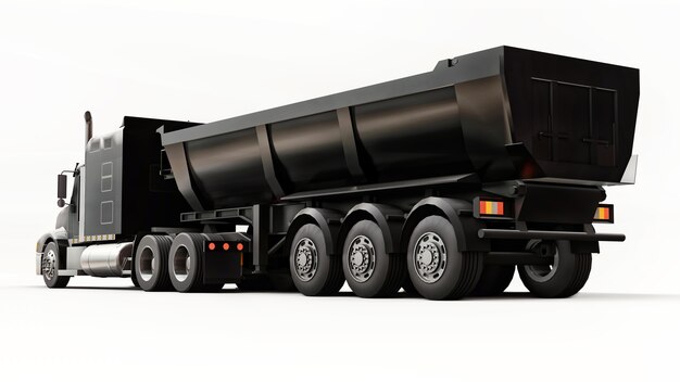 Large black American truck with a trailer type dump truck for transporting bulk cargo on a white background. 3d illustration.