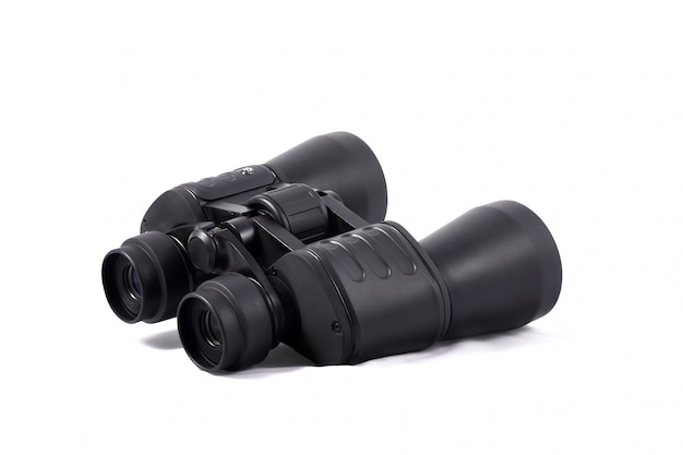 Large black binoculars isolated on white bacground