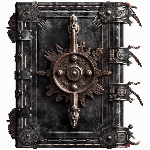 A large black book with a lock and gears on it.