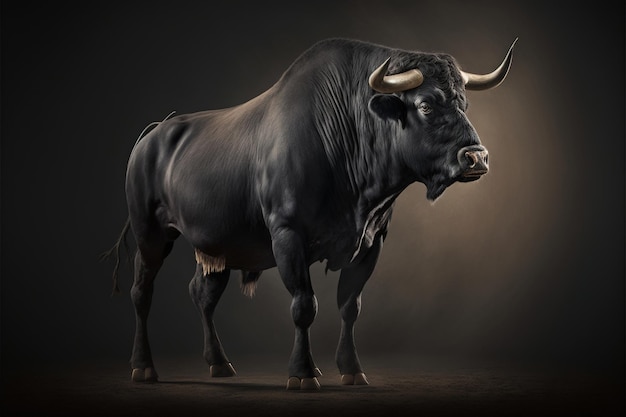 Un grande toro nero realistico sfondo scuro corna potente artiodattilo bestiame generato forza creativa durevole fauna selvatica pericolosa bestia bovina razza maschio animali concetto ai