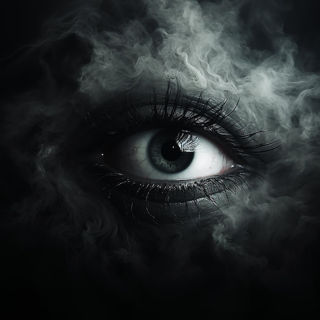 Photo large black human eye looks out from the smoke and darkness fantastic witchcraft background