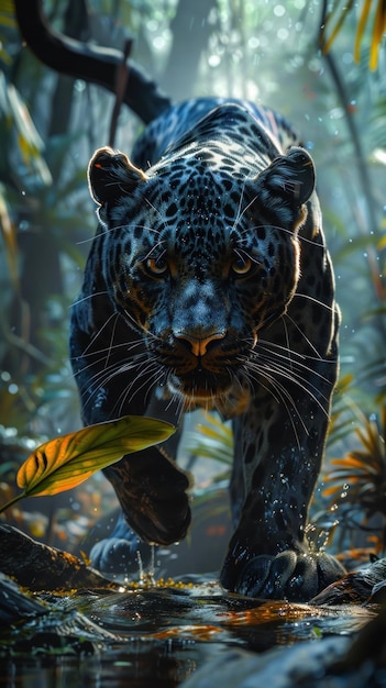 Large Black Leopard Strolling Forest