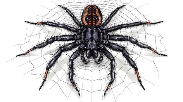 Foto un grande ragno nero con segni rossi sulla schiena è appoggiato al centro della sua rete