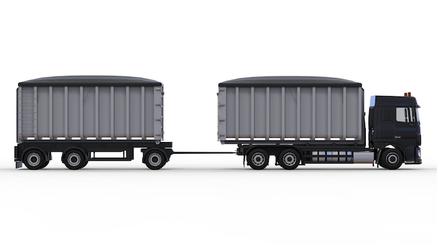 사진 농업 및 건축 자재 및 제품의 운송을위한 별도의 트레일러가있는 대형 검은 색 트럭. 3d 렌더링.