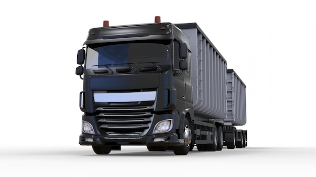 Большой черный грузовик с отдельным прицепом, для перевозки сельскохозяйственных и строительных сыпучих материалов и продуктов. 3d-рендеринг.