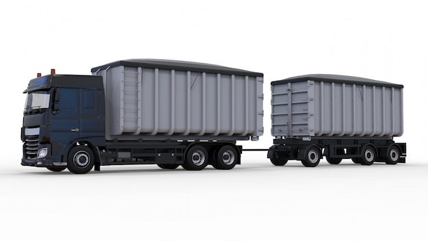 Large black truck with separate trailer, for transportation of agricultural and building bulk materials and products