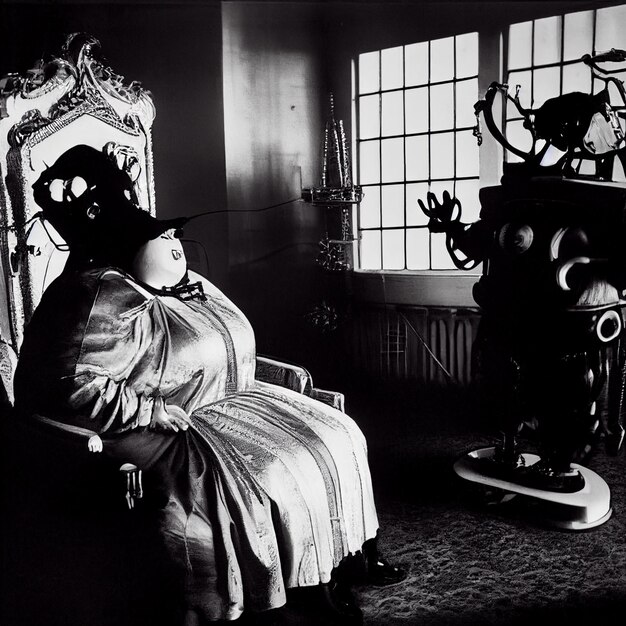 A large black and white photo of a robot sitting in a chair.