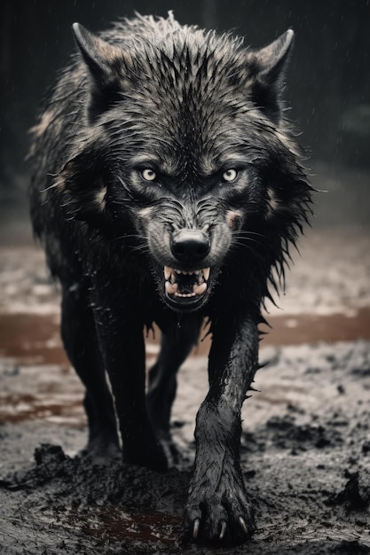 A large black wolf snarling in the rain Generative AI