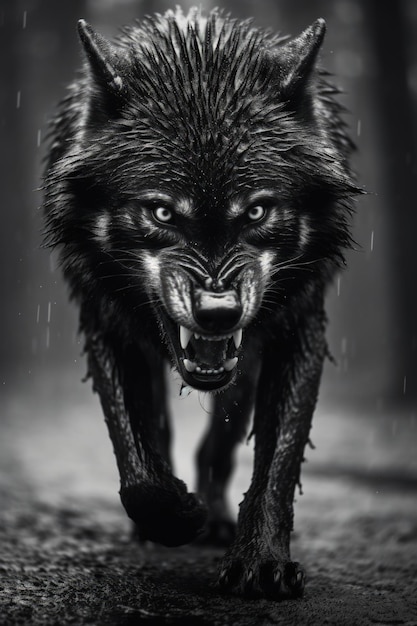 A large black wolf snarling in the rain Generative AI