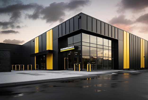 a large black and yellow building in the style of precision engineering