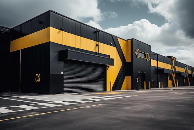 a large black and yellow building in the style of precision engineering