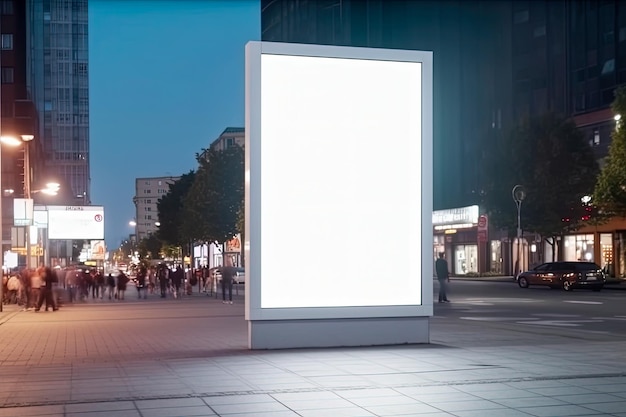 A large blank billboard in a city with a blue sky in the background.