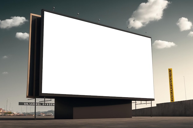 A large blank billboard with a view of the city and the sky in the background.