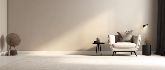 Large blank smooth beige wall with cushion armchair and round black