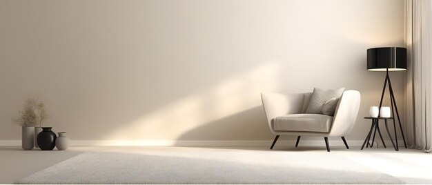 쿠션 안락 의자와 둥근 검정색이 있는 크고 비어 있는 부드러운 베이지색 벽