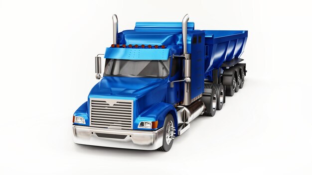 Large blue American truck with a trailer type dump truck for transporting bulk cargo on a white background. 3d illustration.