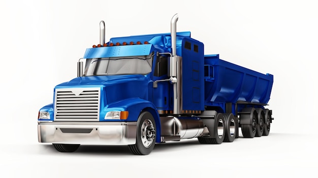 白地にばら積み貨物を輸送するためのトレーラータイプのダンプトラックを備えた大型の青いアメリカントラック。 3Dイラスト。