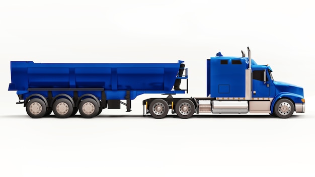 Large blue American truck with a trailer type dump truck for transporting bulk cargo on a white background. 3d illustration.