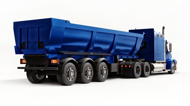 Large blue American truck with a trailer type dump truck for transporting bulk cargo on a white background. 3d illustration.