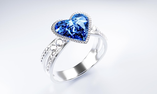 Photo the large blue diamond heart shape is surrounded by many diamonds on the ring made of platinum gold placed on a gray background elegant wedding diamond ring for women 3d rendering