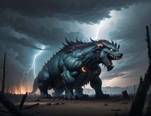 Большой синий дракон без крыльев и молния на заднем плане