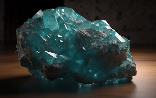 A large blue gem sits on a wooden table.