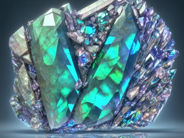다이아몬드라는 단어가 있는 커다란 파란색과 녹색 크리스탈