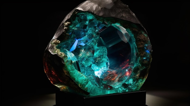 A large blue and green gem sits on a dark surface.