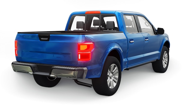大型の青いモダンなピックアップトラック。ダブルキャブ、白い均一な背景に輝くヘッドライト。 3Dレンダリング。