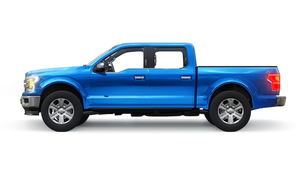 A large blue modern pickup truck with a double cab, glowing headlights on a white uniform background. 3d rendering.