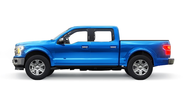 Un grande camioncino moderno blu con una doppia cabina, fari luminosi su uno sfondo bianco uniforme. rendering 3d.