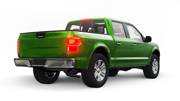 A large blue modern pickup truck with a double cab, glowing headlights on a white uniform background. 3d rendering.