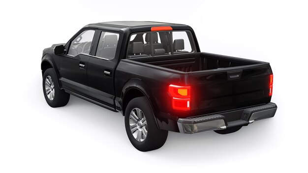 A large blue modern pickup truck with a double cab glowing headlights on a white uniform background 3d rendering