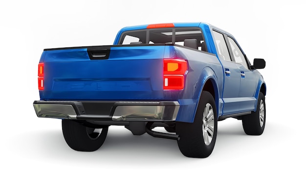 A large blue modern pickup truck with a double cab glowing headlights on a white uniform background 3d rendering